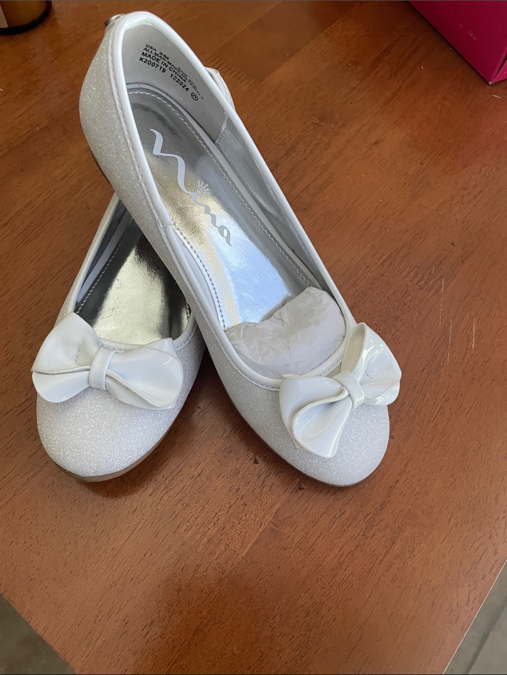 Nina White Glitter Bow Girls Dress Flats